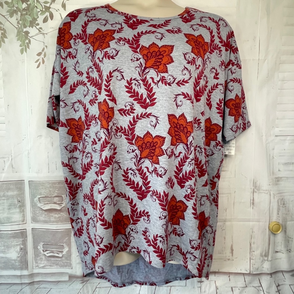 LuLaRoe Irma Womens Heather Gray Leaf Casual Hi Lo Tunic T Shirt Top Sz Large L